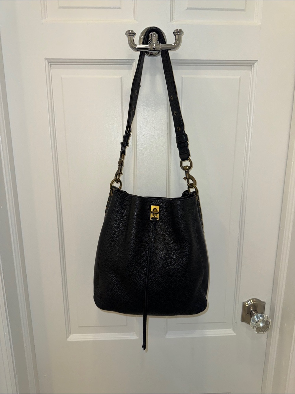 Rebecca Minkoff Black Pebbled Leather Bucket Bag with Gold Hardware